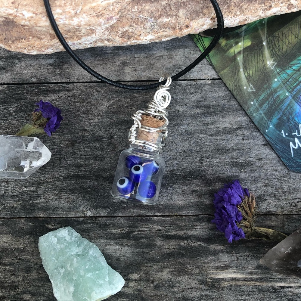 Evil Eye Protection Bottle Necklace Wire Wrapped - in Silver Wire